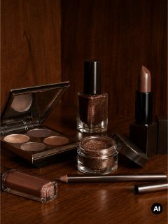 Eine Auswahl an Make-up-Produkten in Brauntönen, darunter Lidschatten, Lippenstift, Nagellack, Lipgloss, Kajalstift und loser Pigmentpuder, auf einer Holzunterlage.
