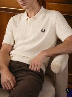 Ein Mann in einem cremefarbenen Strick-Poloshirt mit gesticktem Logo sitzt auf einem beigen Stuhl, die Arme entspannt, und trägt eine braune Hose. Im Hintergrund sind Holzschränke zu sehen.