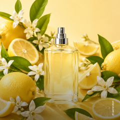 Eine Parfümflasche, umgeben von frischen Zitronen, Zitronenscheiben, grünen Blättern und weißen Blumen auf gelbem Hintergrund.