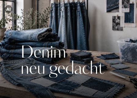 Zwei Personen in Jeansoutfits sitzen nebeneinander vor einer roten Wand; über das Bild ist der Schriftzug „Recycling Denim“ gelegt.