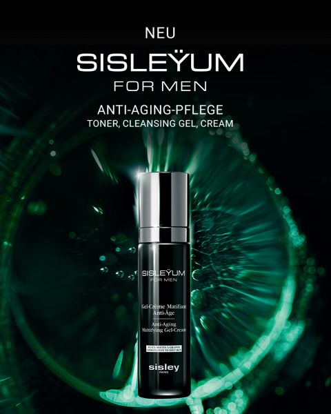 Eine Flasche Sisleÿum for Men Anti-Aging-Gel-Creme steht in der Mitte vor einem leuchtend grünen, geplatzten Hintergrund. Der Text darüber lautet: "NEU SISLEŸUM FOR MEN ANTI-AGING-PFLEGE TONER, REINIGUNGSGEL, CREME.