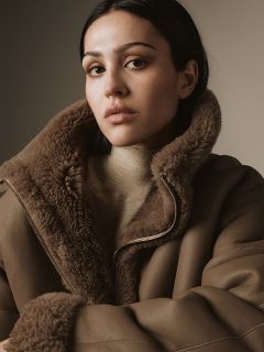 Eine Frau mit langen dunklen Haaren und neutralem Make-up trägt eine braune Shearling-Jacke und einen beigen Rollkragenpullover und blickt mit ruhigem Gesichtsausdruck direkt in die Kamera vor einem schlichten Hintergrund.