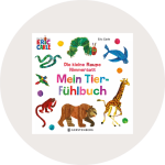 Das Cover von „Mein Tier-Fühlbuch“ von Eric Carle zeigt farbenfrohe Illustrationen: eine Raupe, eine Schildkröte, einen Affen, einen Bären, eine Giraffe und ein Chamäleon. Der Titel ist in fettem, mehrfarbigem Text gehalten, darunter befindet sich das Logo des Verlags Gerstenberg.