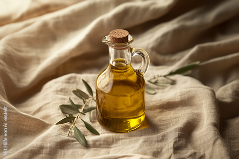 Eine klare Glasflasche, gefüllt mit goldenem Olivenöl und verschlossen mit einem Korken, steht auf einem weichen, beigen Stoff. Olivenzweige mit grünen Blättern sind kunstvoll um die Flasche gelegt und schmücken sie.