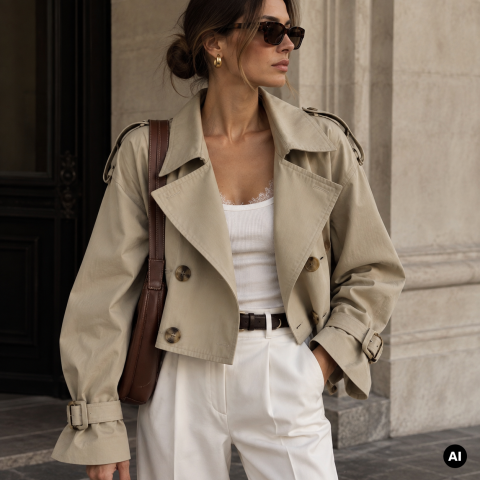 Eine Frau mit Sonnenbrille, die einen beigen Trenchcoat, ein weißes Oberteil und eine Hose trägt, steht vor einem Steingebäude und hält eine braune Umhängetasche in der Hand.
