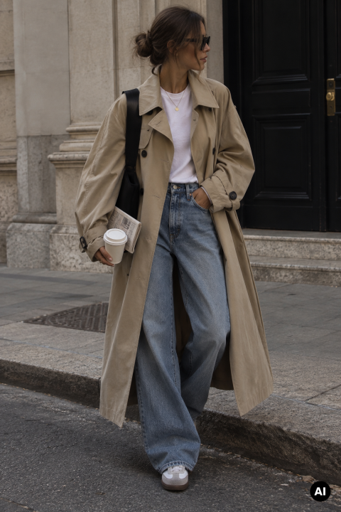 Eine Frau in einem hellbraunen Trenchcoat, einem weißen Hemd, weit geschnittenen Jeans und Sneakers steht auf einer Straße in der Stadt und hält einen Kaffee und eine Zeitung in der Hand.