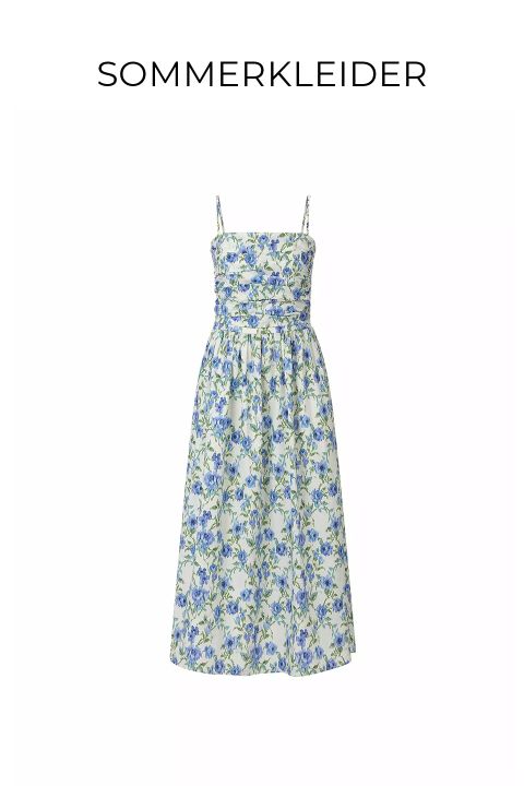 Unter dem Wort „SOMMERKLEIDER“ in Großbuchstaben ist ein ärmelloses, helles Sommerkleid mit dünnen Trägern und einem blau-grünen Blumenmuster abgebildet.