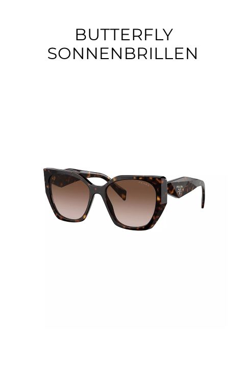 Eine Sonnenbrille in Schmetterlingsform mit braunen Verlaufsgläsern und einem Rahmen aus dunklem Schildpatt, abgebildet unter dem Text „BUTTERFLY SONNENBRILLEN“ auf weißem Hintergrund.