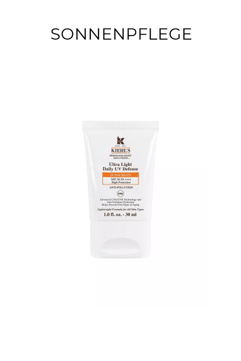 Eine Tube Kiehl's Ultra Light Daily UV Defense Sonnenschutzmittel SPF 50 PA++++, 1,0 fl. oz. (30 ml), aufrecht auf weißem Hintergrund präsentiert, darüber steht in schwarzen Buchstaben „SONNENPFLEGE“.