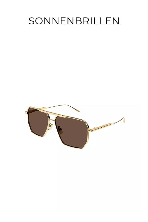 Eine geometrische Sonnenbrille mit goldenem Rahmen und braunen Gläsern auf weißem Hintergrund. Oben steht in schwarzen Buchstaben das Wort „SONNENBRILLEN“.