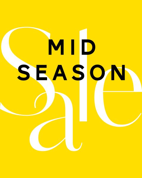 Leuchtend gelber Hintergrund mit fettem schwarzem Text „MID SEASON“ über großen weißen Buchstaben mit der Aufschrift „Sale“. Das Design hat ein modernes und auffälliges Layout.
