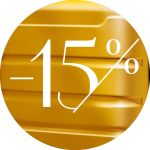 Auf einem gelben, kreisförmigen Hintergrund mit erhabenen Linien ist in fettem weißen Text „-15 %“ zu sehen, was auf einen Rabatt von 15 Prozent hinweist.