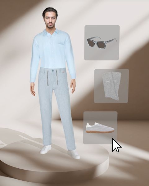 Ein Mann in hellblauem Hemd und hellgrauer Hose steht auf einer runden Plattform. Rechts von ihm sind Symbole für Sonnenbrillen, Socken und weiße Turnschuhe zu sehen, wobei ein Cursor auf das Turnschuhsymbol zeigt.