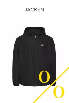 Auf weißem Untergrund ist eine schwarze Kapuzenjacke mit einem kleinen Logo auf der linken Brustseite abgebildet. Darüber steht der Schriftzug „JACKEN“, rechts unten sind zwei große gelbe Nullen mit einem gelben Schrägstrich darübergelegt.