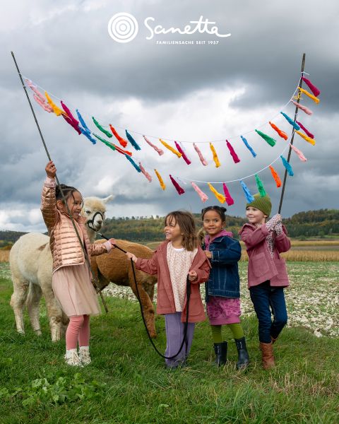 Vier lächelnde Kinder stehen auf einer Wiese und halten Stangen, zwischen denen bunte Stoffstreifen gespannt sind. Zwei Alpakas sind in der Nähe, und im Hintergrund sind ein wolkenverhangener Himmel und Bäume zu sehen. Oben steht "Sanetta" geschrieben.