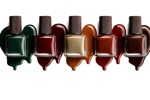 Fünf Nagellackfläschchen in Grün-, Rot-, Beige-, Braun- und Dunkelbrauntönen sind in einer Reihe aufgereiht, wobei die Farbe jedes Fläschchens kunstvoll um den Sockel herum auf einem weißen Hintergrund verteilt ist.
