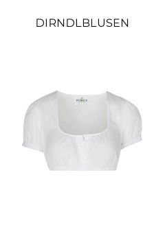 Weiße kurzärmelige Dirndlbluse mit quadratischem Ausschnitt und Knopfleiste auf weißem Grund. Das Wort "DIRNDLBLUSEN" erscheint über der Bluse.