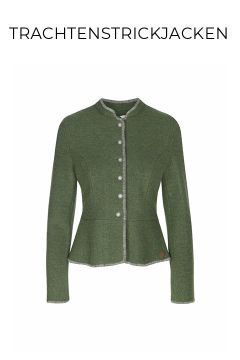 Eine grüne, traditionelle Strickjacke mit silbernen Knöpfen und hellgrauer Verzierung auf weißem Hintergrund. Das Wort "TRACHTENSTRICKJACKEN" erscheint über der Jacke.