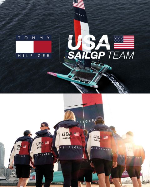 Luftaufnahme eines Bootes des USA SailGP-Teams mit Tommy Hilfiger-Schriftzug, gefolgt von einer Gruppenaufnahme des Teams in passenden Jacken auf dem Weg zum Wasser.