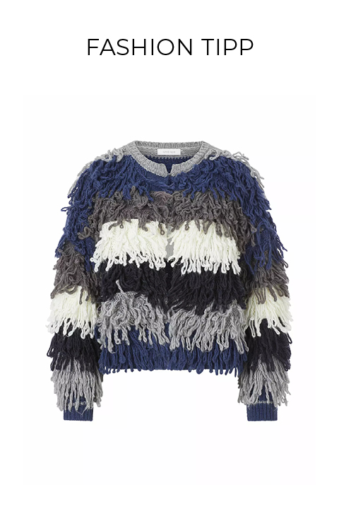 Ein mehrfarbiger, langärmeliger Pullover mit zotteliger Fransenstruktur in blauen, grauen, weißen und schwarzen Streifen auf einem einfarbig weißen Hintergrund mit dem Text "FASHION TIPP" darüber.