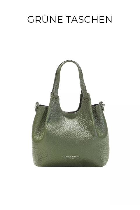 Eine mittelgroße, strukturierte grüne Handtasche mit zwei Henkeln und silbernen Beschlägen vor einem weißen Hintergrund mit dem deutschen Text "GRÜNE TASCHEN" darüber.