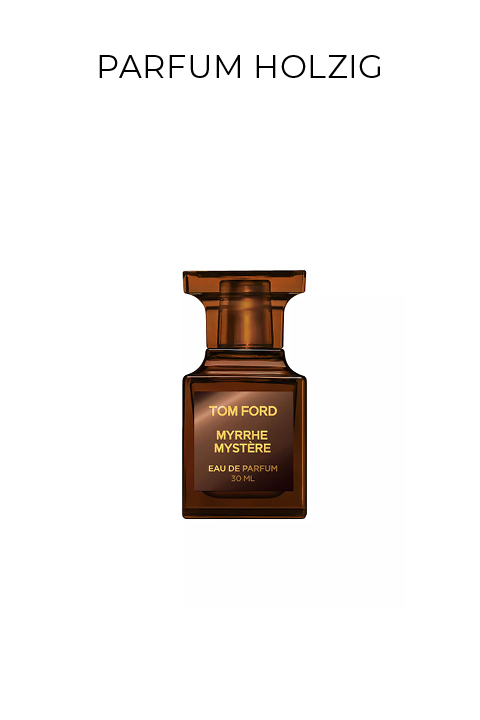 Ein brauner Glasflakon von Tom Ford Myrrhe Mystère Eau de Parfum, 50 mL, steht auf weißem Hintergrund mit dem Text "PARFUM HOLZIG" darüber.