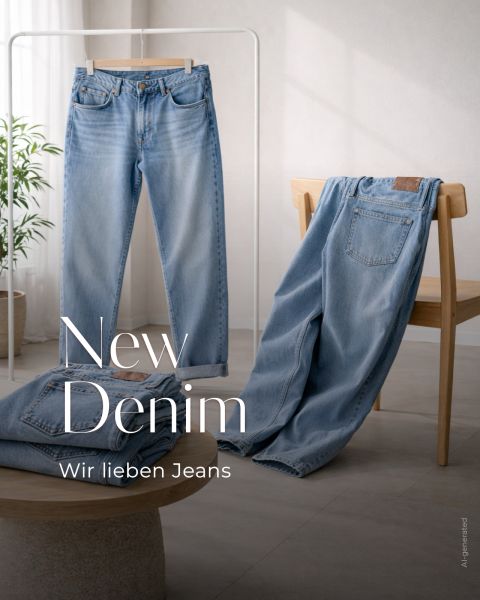 Drei Paar hellblaue Jeans, die auf einem Stuhl, auf einem Tisch und hängend präsentiert werden, zusammen mit dem Schriftzug „New Denim. Wir lieben Jeans“ in einem hellen, modernen Raum.