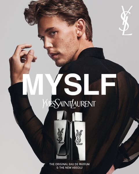 Ein Mann in einem durchsichtigen schwarzen Hemd posiert mit einer Hand vor seinem Gesicht. Über ihm erscheint der Text "MYSLF" und "Yves Saint Laurent". Unten sind zwei YSL-Parfümflaschen mit Logo und Produktnamen zu sehen.