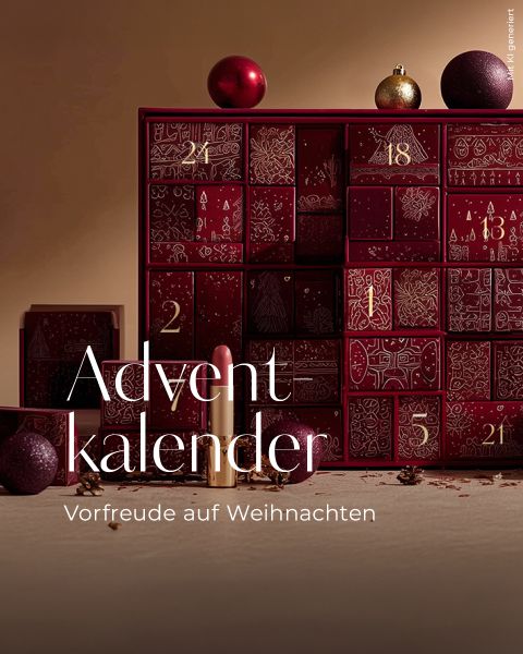 Ein burgunderroter Adventskalender mit nummerierten Schubladen, verziert mit festlichen Mustern und umgeben von Weihnachtsschmuck. Der Text lautet: "Adventskalender. Vorfreude auf Weihnachten.