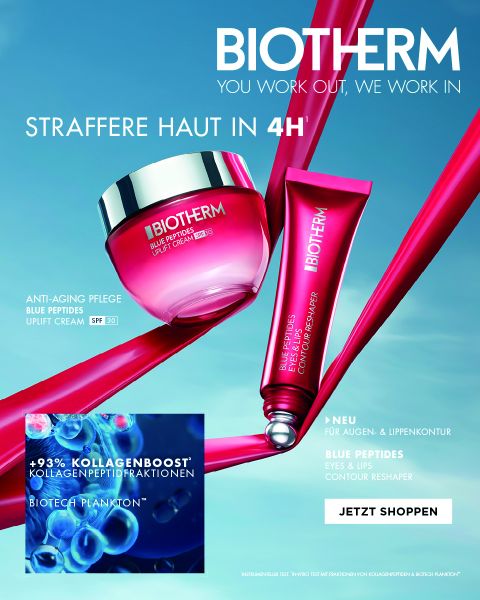 Werbung für Biotherm Anti-Aging-Hautpflege mit einem Cremetiegel und einer Tube, mit blauen und rosafarbenen Akzenten, Text über straffere Haut in 4 Stunden, Kollagen-Boost und einer Schaltfläche "Jetzt shoppen".
