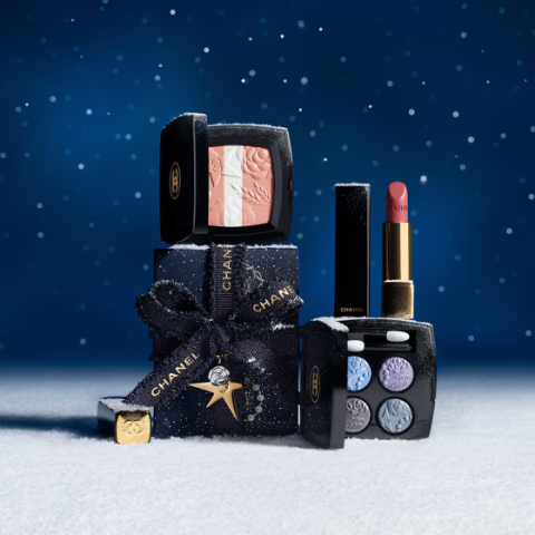 Eine Gruppe von Make-up-Produkten auf einer verschneiten Fläche.