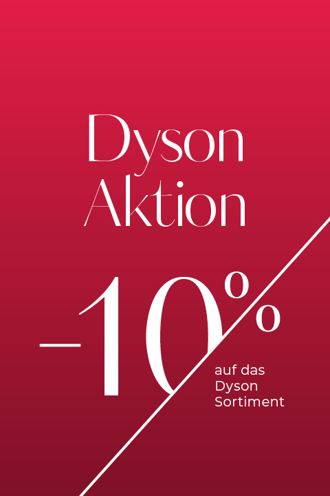 Roter Hintergrund mit Farbverlauf und weißem Text mit der Aufschrift "Dyson Aktion -10% auf das Dyson Sortiment", der für einen Rabatt von 10% auf Dyson Produkte wirbt.