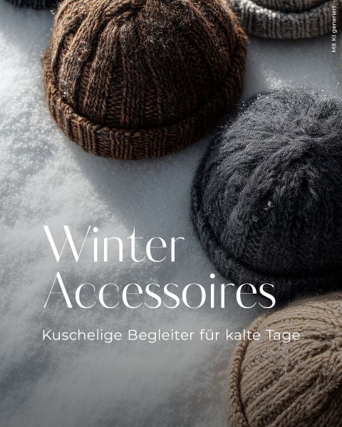 Mehrere gestrickte Wintermützen in braunen, grauen und beigen Farben sind auf Schnee platziert, mit dem deutschen Text "Winter Accessoires" und "Kuschelige Begleiter für kalte Tage" über dem Bild.