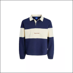 Langärmeliges Rugby-Shirt im marineblauen und cremefarbenen Blockdesign mit Kragen, Teilreißverschluss und gesticktem "Original Studio" auf der Brust.