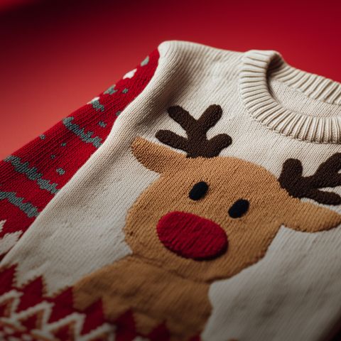 Ein cremefarbener Weihnachtspullover mit einem großen Rentiergesicht und roter Nase, festlichen roten und grünen Mustern auf dem Ärmel, dargestellt auf einem roten Hintergrund.