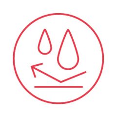 Eine rote Strichzeichnung von zwei Wassertropfen über einer schrägen Linie mit einem nach oben ablenkenden Pfeil, alles eingeschlossen in einen Kreis; symbolisiert Wasserwiderstand oder eine abweisende Oberfläche.