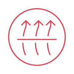 Ein rotes Symbol mit drei nach oben zeigenden Pfeilen über einer waagerechten Linie, das Luftstrom oder Atmungsaktivität suggeriert und von einem roten Kreis umgeben ist.