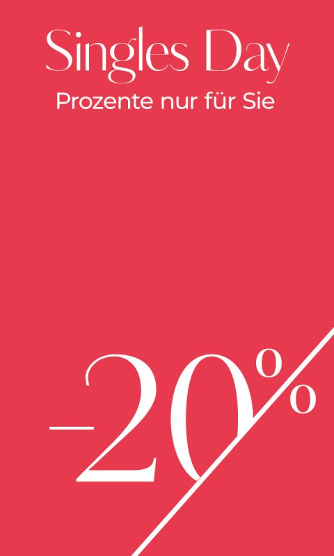 Rote Grafik mit weißem Text: "Singles Day, Prozente nur für Sie" oben und "-20%" in großer Schrift unten, getrennt durch eine diagonale weiße Linie.