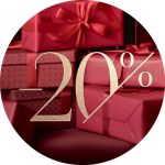 Rote Geschenkschachteln mit einem großen goldenen "-20%"-Rabattzeichen obenauf.