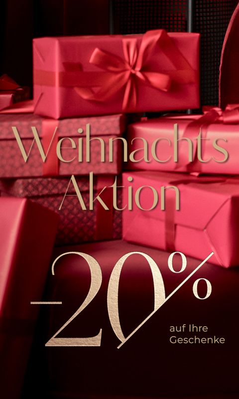 Stapel roter Geschenkkartons mit goldenem Text auf Deutsch: "Weihnachts Aktion -20% auf Ihre Geschenke".