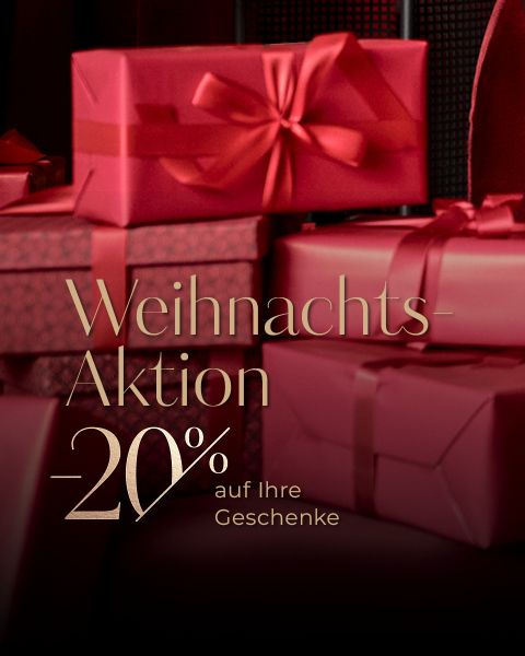 Rote Geschenkboxen mit Schleifen und deutschem Text: "Weihnachts-Aktion -20% auf Ihre Geschenke" (Weihnachts-Aktion -20% auf Ihre Geschenke).