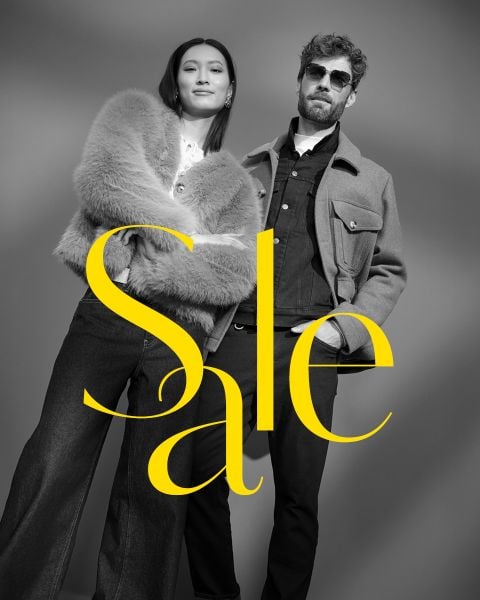 Eine elegante Frau in einem Pelzmantel und ein Mann mit Sonnenbrille und Jacke posieren selbstbewusst. Das Schwarz-Weiß-Foto ist mit der fettgedruckten gelben Aufschrift "Sale" überlagert.