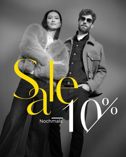 Ein stilvoller Mann und eine Frau posieren selbstbewusst in Winterkleidung. Der Text auf dem Bild lautet: "Verkauf 10% Nochmals.