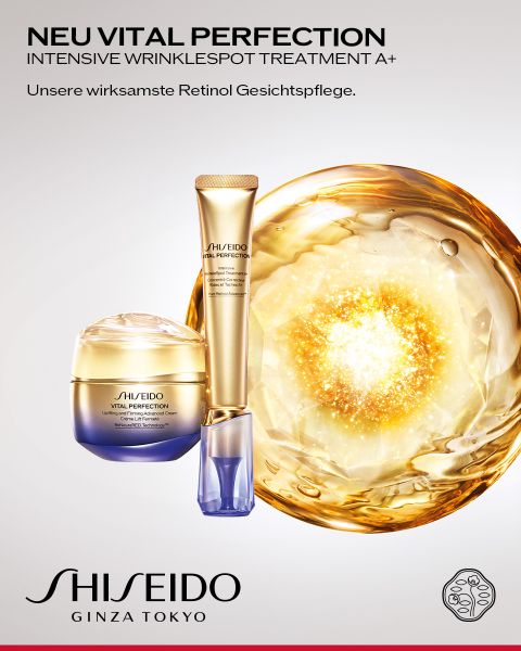 Shiseido Vital Perfection Hautpflegeprodukte und ein goldener, leuchtender Hintergrund, mit deutschem Text, der für eine intensive Faltenbehandlung mit Retinol wirbt.