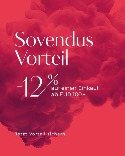 Weißer Text auf rotem Hintergrund mit Raucheffekt, der für einen Rabatt von 12 % bei einem Einkauf über 100 EUR wirbt. Deutscher Text: "Sovendus Vorteil -12%".