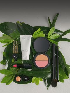 Verschiedene Make-up-Produkte und Pinsel auf grünen Blättern, darunter Rouge, Lippenstift, Cremes und Hautpflegeampullen.