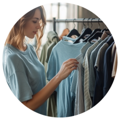 Eine Frau sieht sich in einem schwach beleuchteten Raum ein Regal mit ordentlich aufgehängten Hemden an und wählt eines aus.