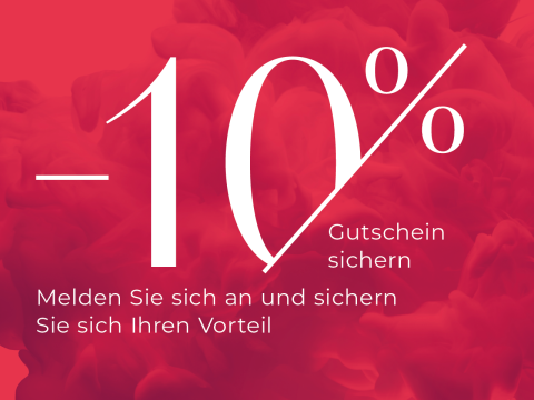 Roter Hintergrund mit weißem Text: "-10% Gutschein sichern. Melden Sie sich an und sichern Sie sich Ihren Vorteil.