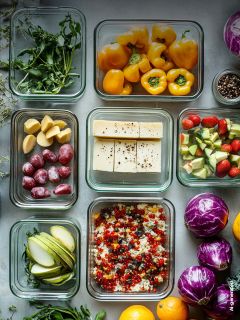 Glasbehälter mit frischem Gemüse, Obst, Käse und Körnern, ordentlich auf einer grauen Fläche angeordnet, umgeben von ganzem lila Kohl und Orangen.