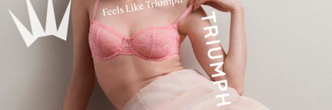Eine Frau in einem rosa Spitzen-BH und einem durchsichtigen Rock sitzt auf einem Teppichboden vor einer Wand mit den Texten "Feels Like Triumph" und "TRIUMPH" um sie herum.